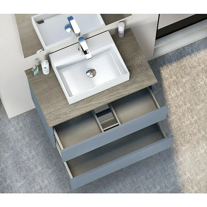 Artysan Mueble bajo de lavabo Fons - 46 x 70 x 56 cm, Azul - Mueble de baño con dos cajones abiertos y una elegante encimera en el baño moderno.