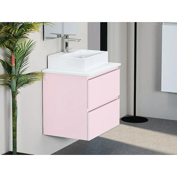 Artysan Mueble bajo de lavabo Fons - 46 x 60 x 56 cm, Rosa - Elegante lavabo de baño moderno con mueble rosa y lavabo sobre encimera blanco para un ambiente estiloso.