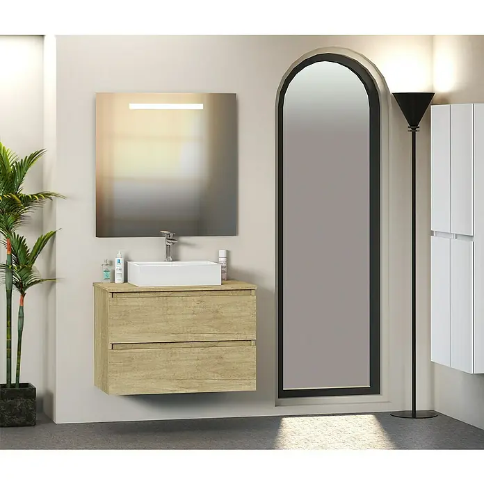 Artysan Mueble bajo de lavabo Fons - 46 x 80 x 56 cm, Nature - Interior de baño luminoso con un tocador de madera con un lavabo cuadrado y un espejo moderno con iluminación encima.