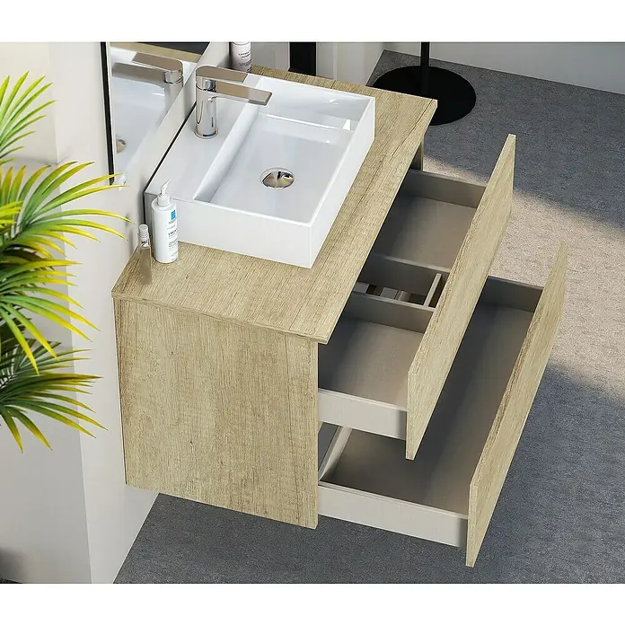 Artysan Mueble bajo de lavabo Fons - 46 x 80 x 56 cm, Nature - Un moderno mueble de baño con acabado en madera, dos cajones y un lavabo blanco con grifo.