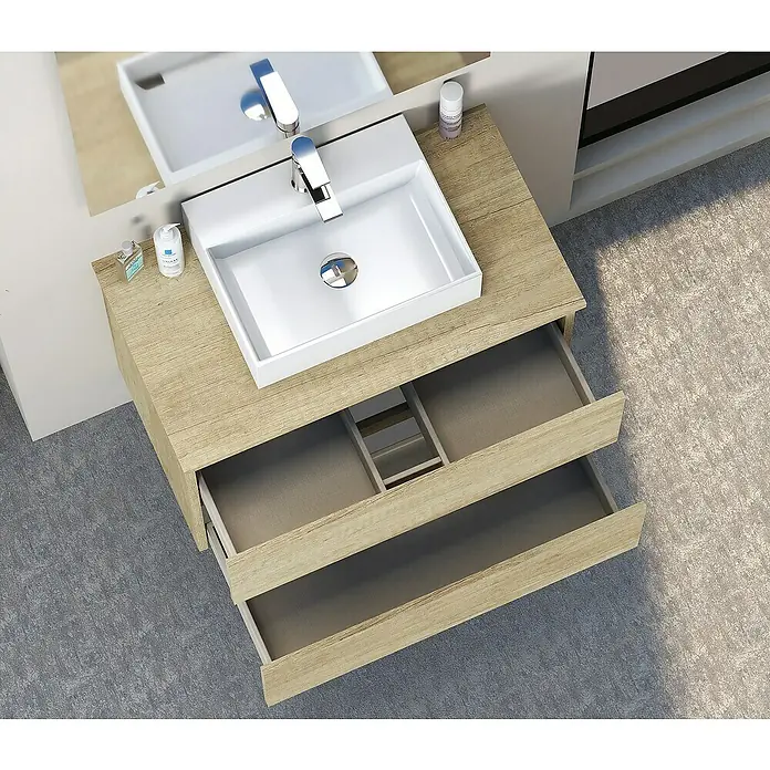 Artysan Mueble bajo de lavabo Fons - 46 x 80 x 56 cm, Nature - Mueble de baño moderno con acabado en madera y cajones abiertos, perfecto para un baño elegante.