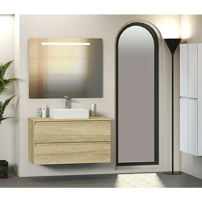 Artysan Mueble bajo de lavabo Fons - 46 x 90 x 56 cm, Nature - Mueble de baño moderno con armario de madera, lavabo sobre encimera cuadrado y espejo iluminado. Diseño elegante para un baño con estilo.