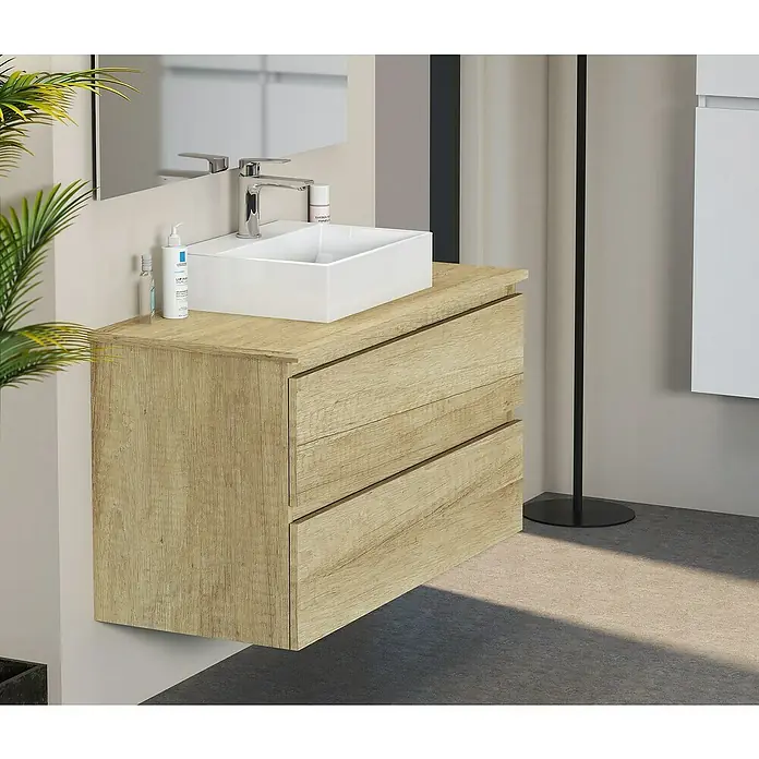 Artysan Mueble bajo de lavabo Fons - 46 x 90 x 56 cm, Nature - Mueble de baño moderno con aspecto de madera, lavabo sobre encimera y dos cajones, ofreciendo una solución elegante.