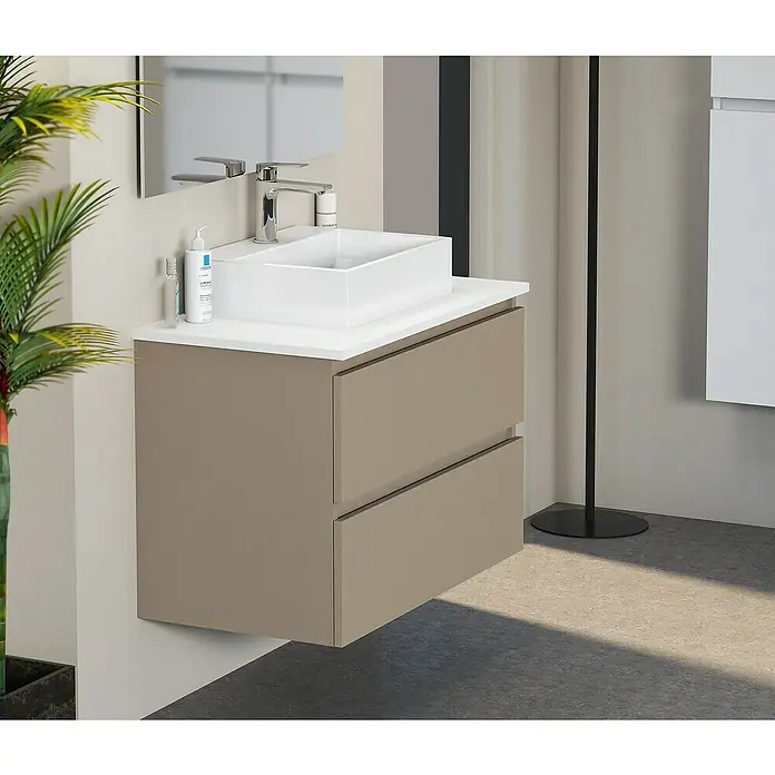 Artysan Mueble bajo de lavabo Fons - 46 x 70 x 56 cm, Fango - Baño moderno con mueble de lavabo color topo y lavabo sobre encimera rectangular.