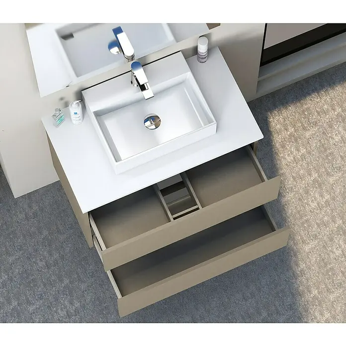 Artysan Mueble bajo de lavabo Fons - 46 x 70 x 56 cm, Fango - Lavabo de baño moderno con encimera blanca y dos cajones, ideal para diseños de baño elegantes.