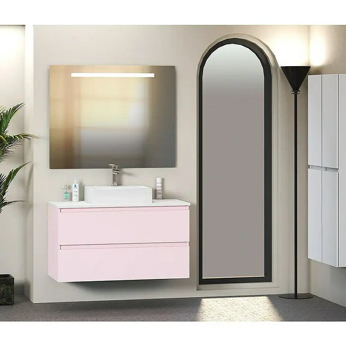 Artysan Mueble bajo de lavabo Fons - 46 x 90 x 56 cm, Rosa - Este lavabo de baño con mueble rosa y diseño moderno aporta un toque de estilo a la estancia. El lavabo claro es un punto destacado visual.