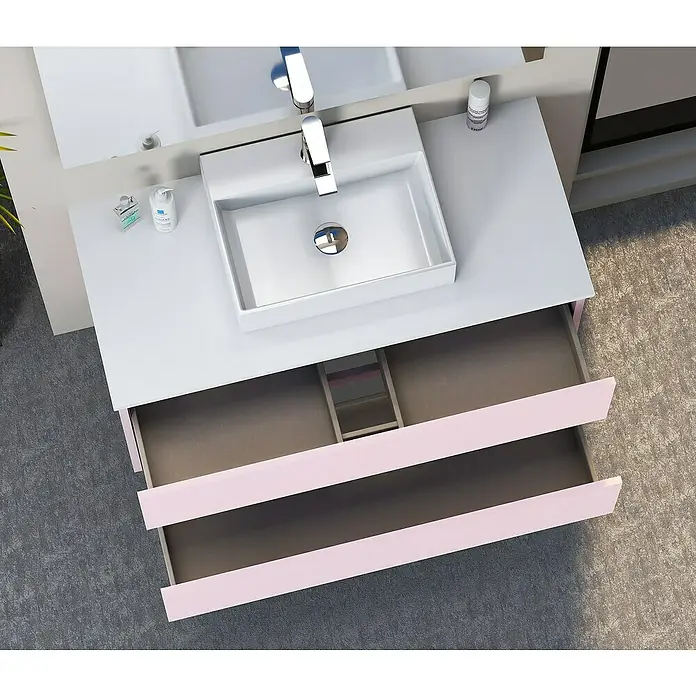 Artysan Mueble bajo de lavabo Fons - 46 x 90 x 56 cm, Rosa - Toma de ángulo alto de un moderno mueble de baño con dos cajones y un lavabo rectangular, que muestra un elegante interior de baño.