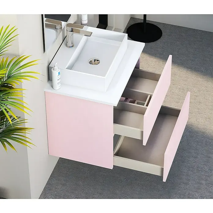 Artysan Mueble bajo de lavabo Fons - 39 x 50 x 56 cm, Rosa - Mueble de lavabo rosa con lavabo sobre encimera blanco y dos cajones abiertos. Diseño moderno de baño para un ambiente elegante.