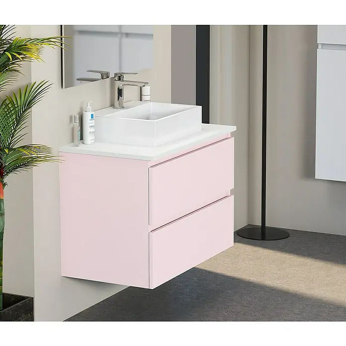 Artysan Mueble bajo de lavabo Fons - 46 x 80 x 56 cm, Rosa - Mueble de lavabo rosa con dos cajones y lavabo sobre encimera blanco para un diseño de baño moderno.