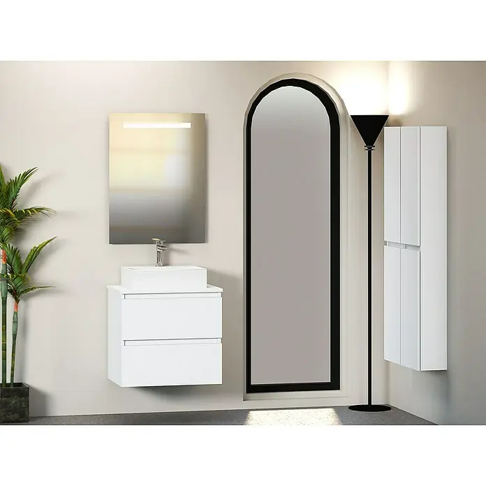 Artysan Mueble bajo de lavabo Fons - 46 x 60 x 56 cm, Blanco seda - Un baño moderno con tocador blanco, espejo iluminado y armario elegante para soluciones de almacenamiento elegantes.