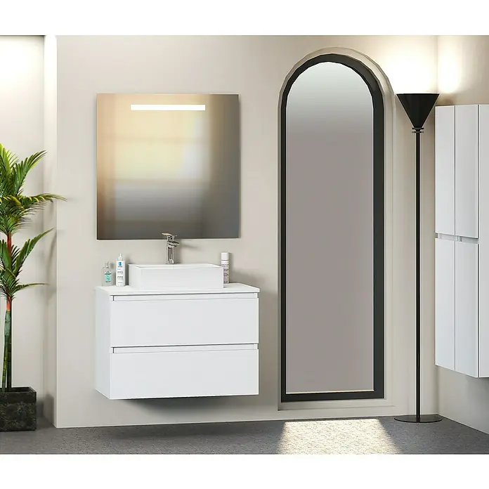 Artysan Mueble bajo de lavabo Fons - 46 x 70 x 56 cm, Blanco seda - Interior elegante de baño con mueble de lavabo moderno, espejo elegante y lámpara de pie esbelta para un ambiente de lujo.