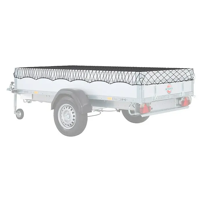 Stema Anhängernetz - Materialspezifizierung: Gummi - Abbildung eines Systema-Anhängers mit Ladungssicherungsnetz, ideal für den sicheren Transport verschiedener Güter.
