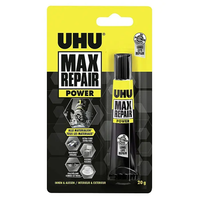 UHU Extrem-Kleber Max Repair - Transparent, 20 g, Tube - Bild einer UHU MAX REPAIR POWER Klebstoffverpackung, die die wichtigsten Produktmerkmale hervorhebt: starke Klebkraft, Dauerhaftigkeit, Flexibilität.