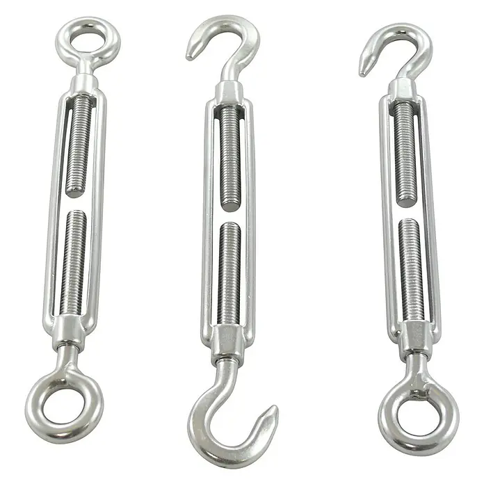 Marinetech Spannschloss Haken-Haken - Länge: 210 mm, M 6, Edelstahl, Silber - Abbildung von drei Spannschlössern mit Haken und Ösen, die zum Spannen von Seilen oder Kabeln verwendet werden.