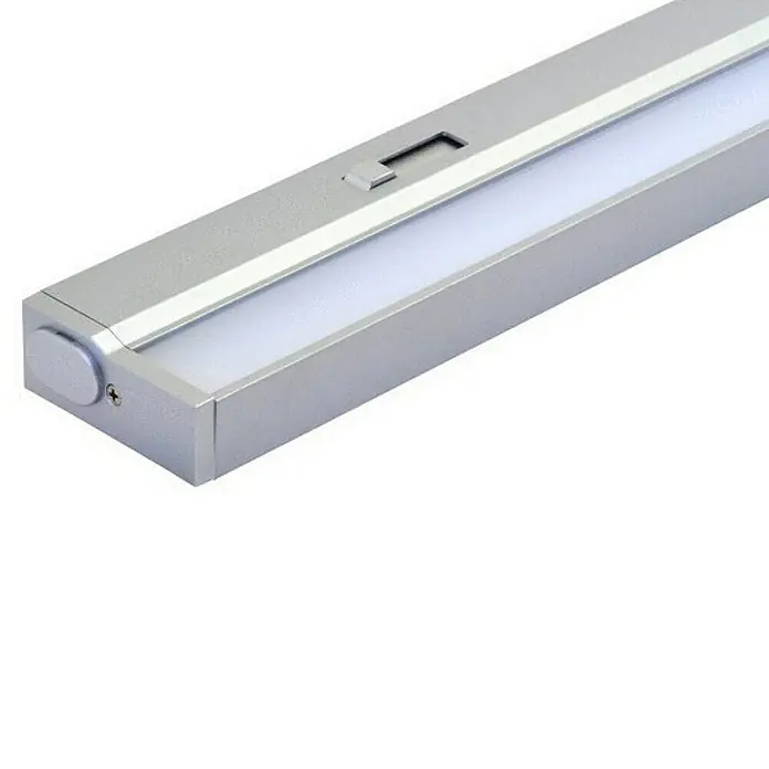 Müller-Licht LED-Unterbauleuchte Conero - L x B x H: 90,9 x 5,3 x 2,9 cm, Lichtfarbe: Neutralweiß, 15 W, Silber - Nahaufnahme einer LED-Unterbauleuchte aus silberfarbenem Metall mit Schalter und Lichtaustrittsfläche.