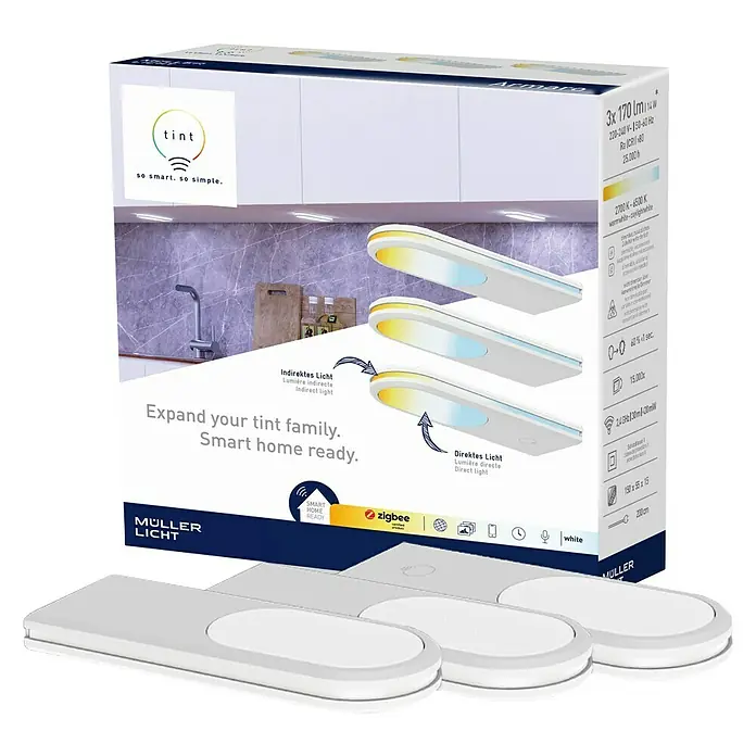 Müller-Licht Tint LED-Unterbauleuchte Armaro - 14 W, Weiß, L x B x H: 15 x 5,5 x 1,5 cm, 3 Stk. - Produktfoto: Ein Müller Licht tint LED-Unterbauset mit drei Leuchten in Weiß.