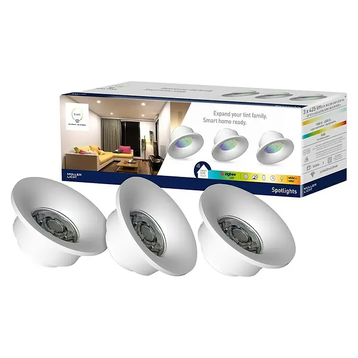Müller-Licht Tint LED-Einbauleuchten-Set - 19 W, Weiß, 3 Stk., RGBW - Das Bild zeigt eine Packung Müller Licht Tint Spotlights, ein Set aus drei intelligenten, farbveränderbaren LED-Leuchten.