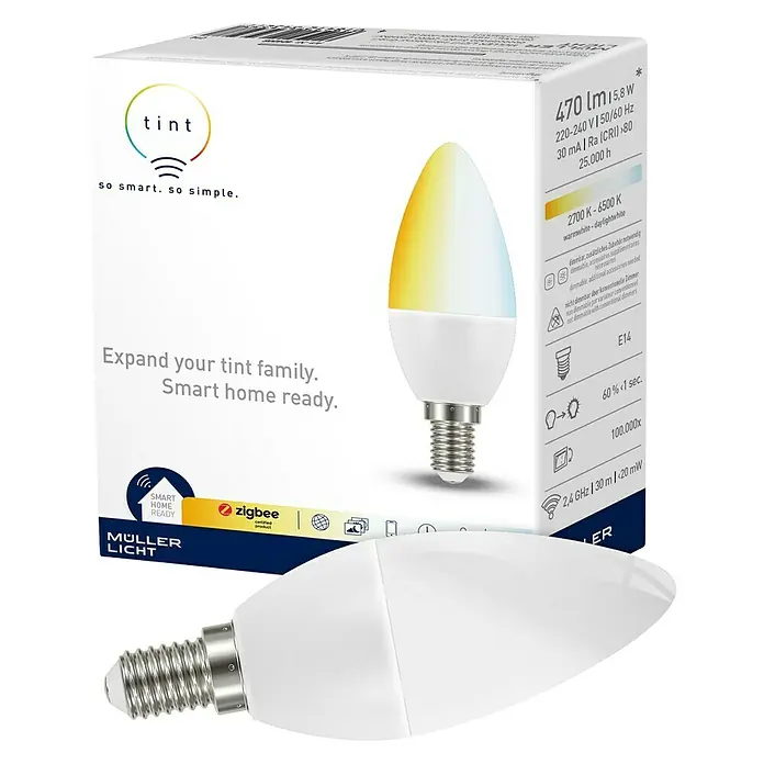 Müller-Licht Tint LED-Lampe - E14, Dimmbar, Warmweiß, 470 lm, 6 W - Nahaufnahme der smarten tint-Lampe in Kerzenform, die mit Zigbee kompatibel ist. Sie ermöglicht warmweisses bis tageslichtweisses Licht für Ihr Zuhause.