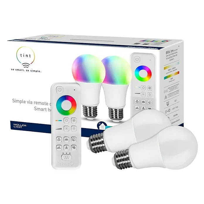 Müller-Licht Tint LED-Lampe - E27, Dimmbar, RGBW, 806 lm, 9,5 W, 2 Stk. - Intelligentes Tinten-Starterset mit zwei intelligenten Glühbirnen, einer Fernbedienung und einer Verpackung mit verschiedenen Farben.