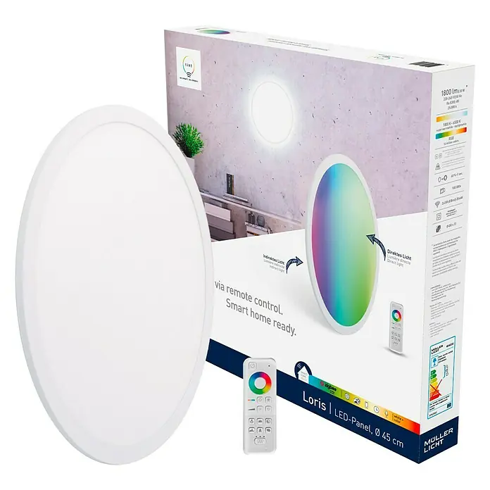 Müller-Licht Tint LED-Panel rund Loris - 30 W, Ø x H: 450 mm x 5,1 cm, Weiß, Warmweiß - Produktfoto eines Loris LED-Panels von Müller Licht mit Fernbedienung und Verpackung, das intelligente Steuerung und indirektes Licht bietet.