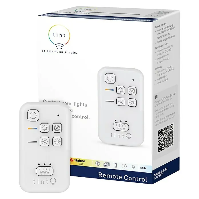 Müller-Licht Tint Fernbedienung Remote Control - Passend für: tint white Produkte, Weiß - Produktfoto der tint Fernbedienung mit Verpackung. Die tint Fernbedienung ermöglicht die Steuerung von smarten Leuchten.