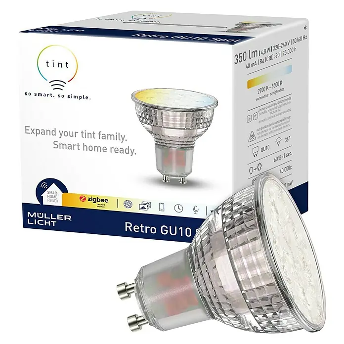 Müller-Licht Tint LED-Lampe Retro Reflektor - GU10, Dimmbar, Warmweiß, 350 lm, 4,8 W - Produktbild: Müller Licht Retro GU10 LED-Lampe, dimmbar, für intelligentes Zuhause.