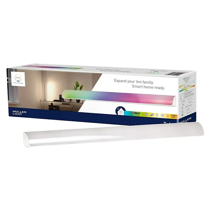 Müller-Licht Tint LED-Unterbauleuchte Talpa - 13 W, Weiß, RGBW, L x B x H: 55 x 5,2 x 3,5 cm - Produktaufnahme einer Müller Licht Tint LED-Leuchte und Verpackung, die ein intelligentes Beleuchtungssystem für das Zuhause darstellt.