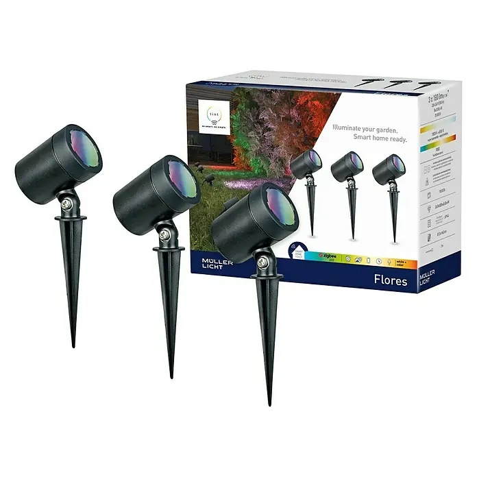 Müller-Licht Tint LED-Gartenspot-Set Flores - 13 W, Schwarz, RGBW, Höhe: 19,5 cm - Abbildung von Müller-Licht Flores Gartenstrahlern. Das Set enthält drei smarte Gartenstrahler zur Beleuchtung von Gärten und Außenbereichen.