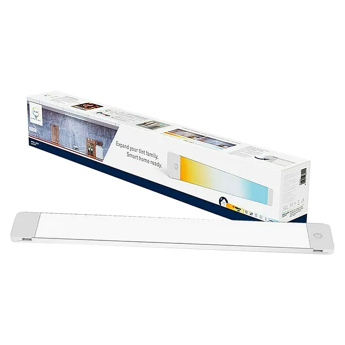 Müller-Licht Tint LED-Unterbauleuchte Alba - 14 W, Weiß, L x B x H: 50 x 6 x 1 cm, Einstellbare Farbtemperatur - Produktansicht einer smarten Unterbauleuchte mit Verpackung, die für ein intelligentes Zuhause geeignet ist.