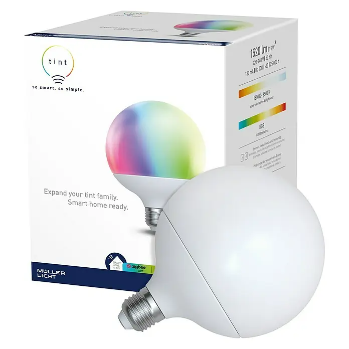 Müller-Licht Tint Smart-LED-Lampe Globe - E27, Dimmbar, Warmweiß, 1.520 lm, 15 W - Produktbild einer Tint LED-Lampe mit verschiedenen Farben und dem Markenslogan "So smart. So simple." auf der Verpackung.