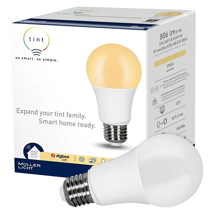 Müller-Licht Tint LED-Lampe - E27, Dimmbar, Warmweiß, 806 lm, 9 W - Bild einer smarten TINT LED-Lampe mit E27-Sockel, warmweißem Licht (2700 K) und Zigbee-Kompatibilität für intelligente Steuerung.