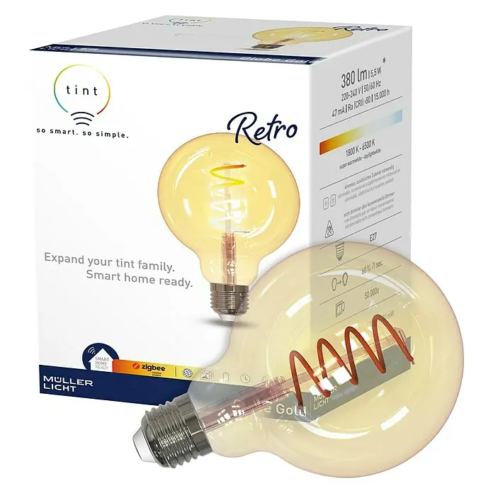 Müller-Licht Tint LED-Lampe Retro Globe - E27, Dimmbar, Warmweiß, 380 lm, 5,5 W - Produktfoto: Tint Retro LED-Lampe mit 380 Lumen, 15,5 Watt, 220-240V, 50/60 Hz, 47 mA und einer Lebensdauer von 15.000 Stunden.