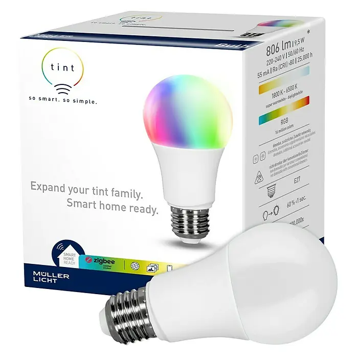 Müller-Licht Tint LED-Lampe - E27, Dimmbar, RGBW, 806 lm, 9,5 W - Intelligente, farbige Tint-Glühbirne mit E27-Sockel und Verpackung. Ideal für ein intelligentes Zuhause und stimmungsvolle Beleuchtung.