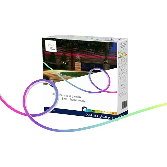 Müller-Licht Tint Smart-LED-Band Outdoor - Weiß, 5 m, RGBW - Abbildung einer Tint Outdoor Lightstrip-Verpackung mit einer farbigen Lichtleiste, die sich um die Box windet.