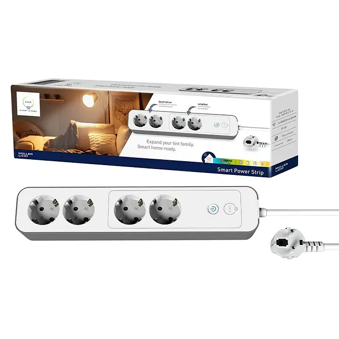 Müller-Licht Tint Steckdosenleiste - 4-fach, Weiß, Kabellänge: 1,8 m, IP20, Mit Schalter - Nahaufnahme eines Müller Licht Smart Power Strip mit drei Steckdosen, mit Verpackung, die die Smart-Home-Funktionen hervorhebt.