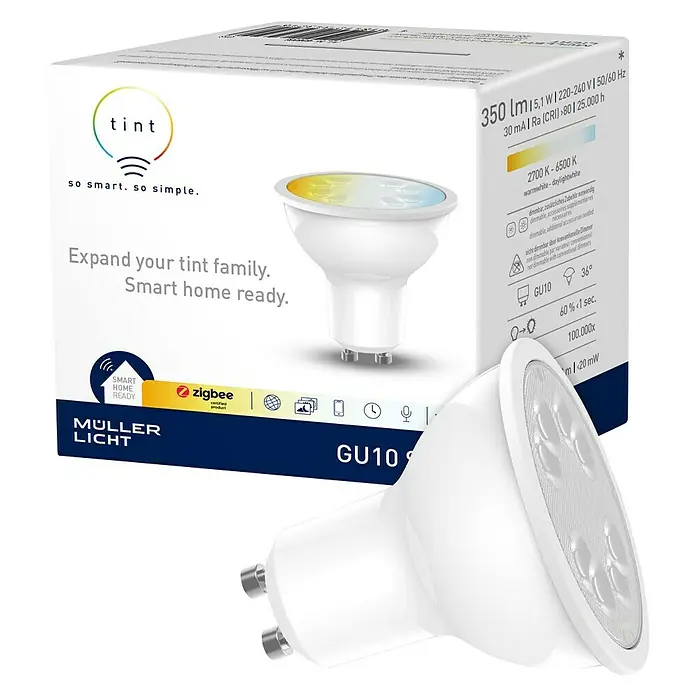Müller-Licht Tint LED-Lampe - GU10, Dimmbar, Warmweiß, 350 lm, 5,1 W - Produktbild: Eine smarte GU10 LED-Lampe von Müller-Licht, ideal für ein intelligentes Zuhause.