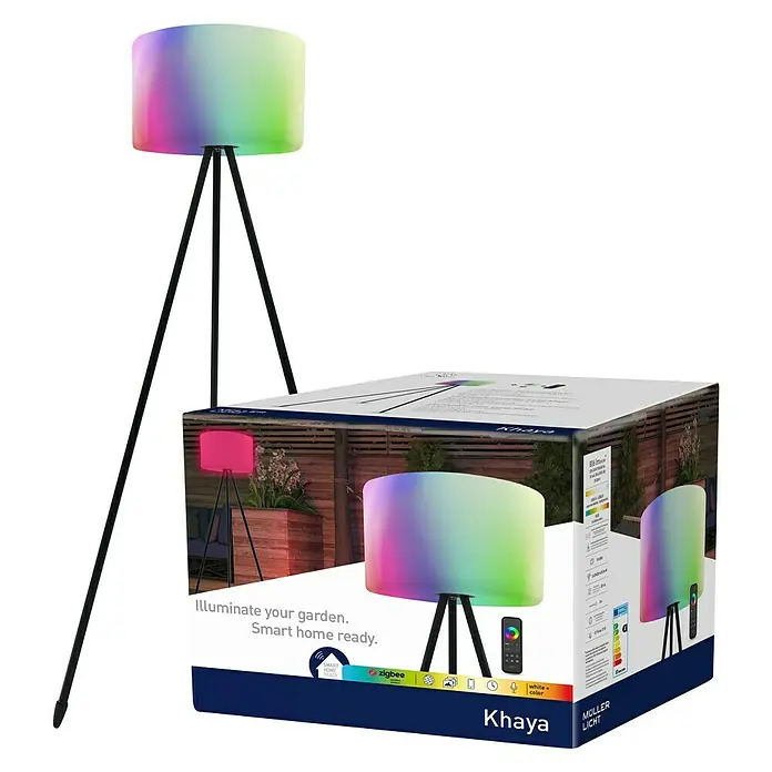 Müller-Licht Tint LED-Stehleuchte Khaya - Höhe: 143 cm, RGBW - Das Bild zeigt eine Khaya Müller Licht Stehleuchte und ihre Verpackung. Die Lampe ist farbig und hat ein modernes Design.