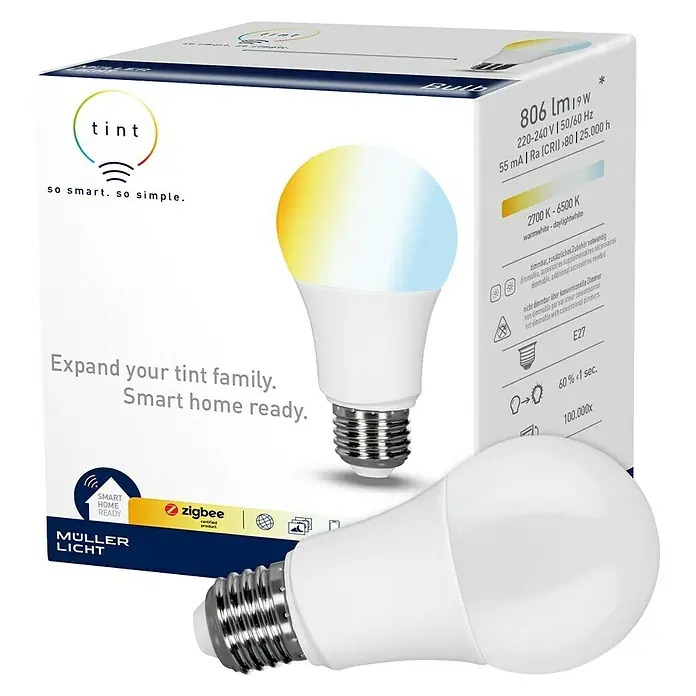 Müller-Licht Tint LED-Lampe - E27, Dimmbar, Warmweiß, 806 lm, 9 W, Farbtemperatur einstellbar: Stufenlos - Smart Home LED-Lampe von Müller Licht mit Tint-Technologie für individuelle Lichtstimmungen.