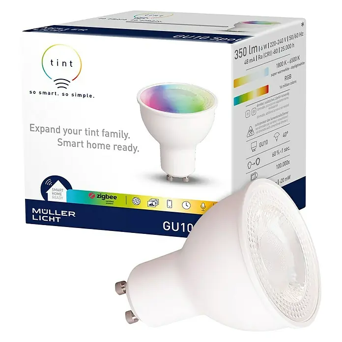 Müller-Licht Tint LED-Lampe - GU10, Dimmbar, Warmweiß, 350 lm, 6 W - Abbildung einer Müller Licht Tint GU10 Smart Home Lampe, die intelligente Beleuchtung für Ihr Zuhause bietet.