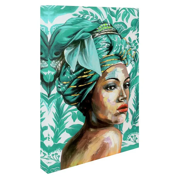 Lienzo Africana 5015 - Africana, An x Al: 100 x 100 cm, 1 pzs. - Pintura artística de una mujer con turbante rodeada de hojas tropicales, que sirve como decoración de pared y crea un ambiente exótico.