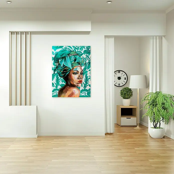 Lienzo Africana 5015 - Africana, An x Al: 100 x 100 cm, 1 pzs. - Pintura decorativa de retrato de una mujer con turbante verde, que aporta un toque elegante a cualquier espacio.