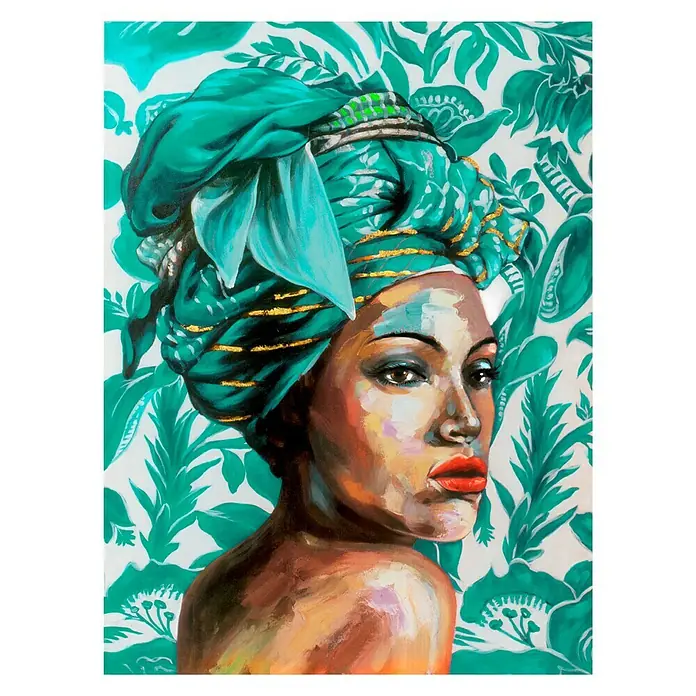Lienzo Africana 5015 - Africana, An x Al: 100 x 100 cm, 1 pzs. - Retrato pintado de una mujer con turbante y plantas verdes al fondo. Pintura elegante y colorida.