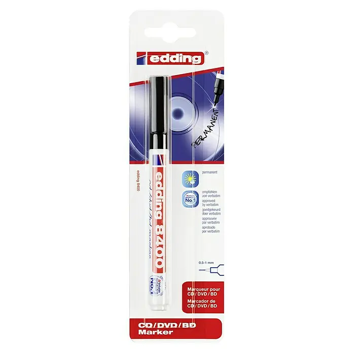 Edding Feinschreiber 8400 - Rundspitze, Strichstärke: 0,5 mm - 1 mm, Schwarz, Geruchsarm - Abbildung eines Edding 8400 CD/DVD/BD Markers, ein Stift zum Beschriften von CDs, DVDs und Blu-ray Discs für dauerhafte Markierungen.