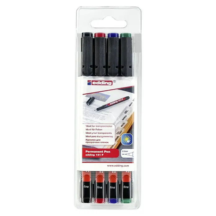 Edding Folienschreiber 141 - Strichstärke: 0,6 mm, Rundspitze, Schwarz/Rot/Blau/Grün - Edding 141 F Permanentmarker-Set, ideal für Folien, mit feiner Spitze in verschiedenen Farben für präzises Markieren.