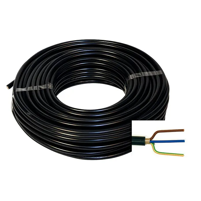 Erdkabel NYY-J 3x2,5 mm² - NYY-J, 3, 2,5 mm², 25 m, Schwarz - Schwarze Kabeltrommel mit zusätzlichem Kabeldetail zur Verdeutlichung der inneren Struktur des Produkts.