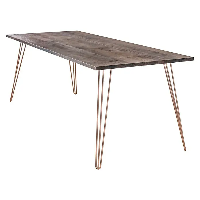 Wagner System Möbelfuß Hairpinlegs - Stahl, Höhe: 71 cm, Rosé Gold - Elegantes Esstisch mit einer rustikalen Holzplatte und filigranen, kupferfarbenen Beinen, ideal für moderne Wohnräume.