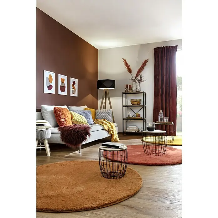 Lammfell - Bordeaux, Länge: 90 cm, 100 % Echtfell - Ein gemütliches Wohnzimmer mit einem orangefarbenen Teppich, einem Sofa und einer Dekoration im warmen Farbtönen.