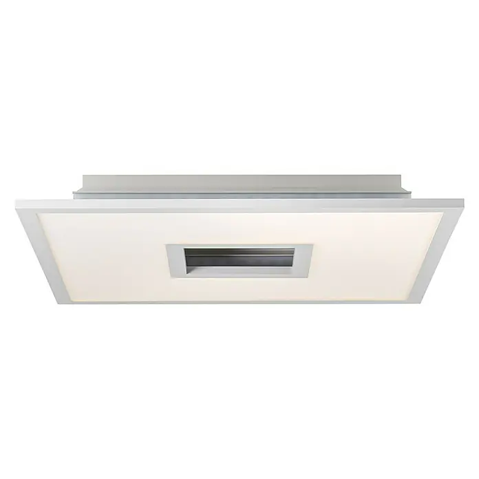LED-Deckenleuchte Ellia - 24 W, L x B x H: 45 x 45 x 5 cm, Weiß, RGB - Nahaufnahme einer quadratischen LED-Deckenleuchte mit silberfarbenem Rahmen und zentralem Ausschnitt vor schwarzem Hintergrund.