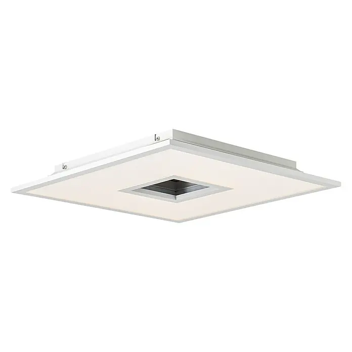 LED-Deckenleuchte Ellia - 24 W, L x B x H: 45 x 45 x 5 cm, Weiß, RGB - Quadratische Deckenleuchte mit zentralem, dunklem Quadrat, umgeben von einem leuchtenden, weißen Rahmen und einem silbernen Gehäuse.