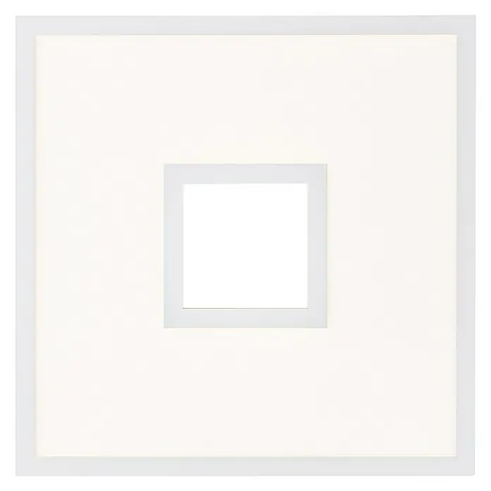 LED-Deckenleuchte Ellia - 24 W, L x B x H: 45 x 45 x 5 cm, Weiß, RGB - Nahaufnahme einer quadratischen LED-Deckenleuchte mit einem schwarzen Quadrat in der Mitte, umgeben von einem weißen Rahmen.